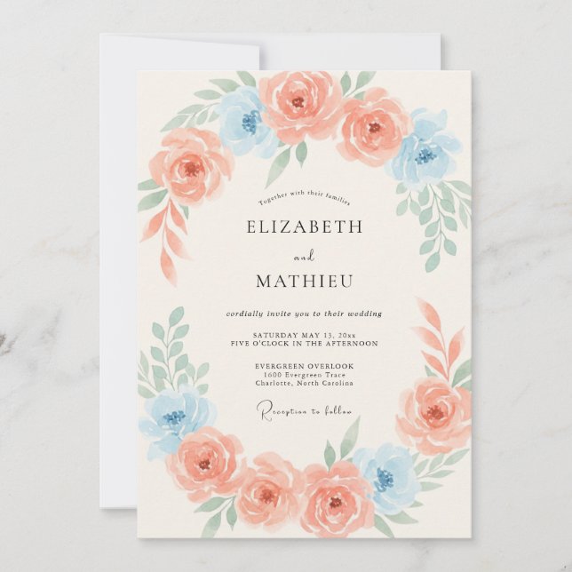 Peach Blue Blossom Romance Wedding Invitation (Front)