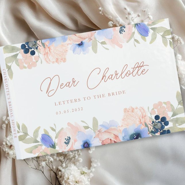 Peach Blue Blush Bridal Shower Guest Book (Peach Blue Blush Floral Bridal Shower Guest Book with your name and date.)