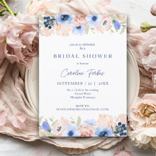 Peach, Blue, Blush, Flowers, Bridal Shower Invitation