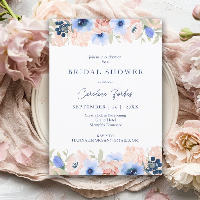Peach, Blue, Blush, Flowers, Bridal Shower Invitation (Creator Uploaded)