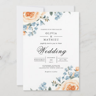 Peach Blue Botanical Flourish Wedding Invitation