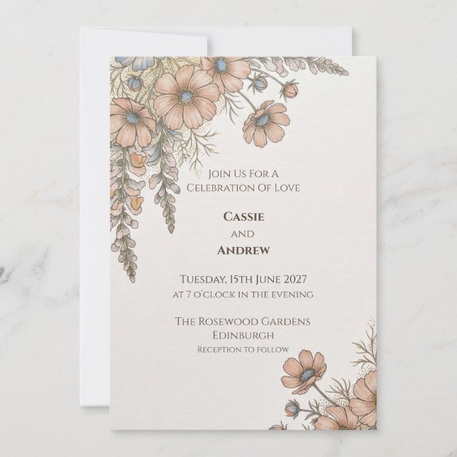 Peach Blue Botanical Wedding Invitation (Front)