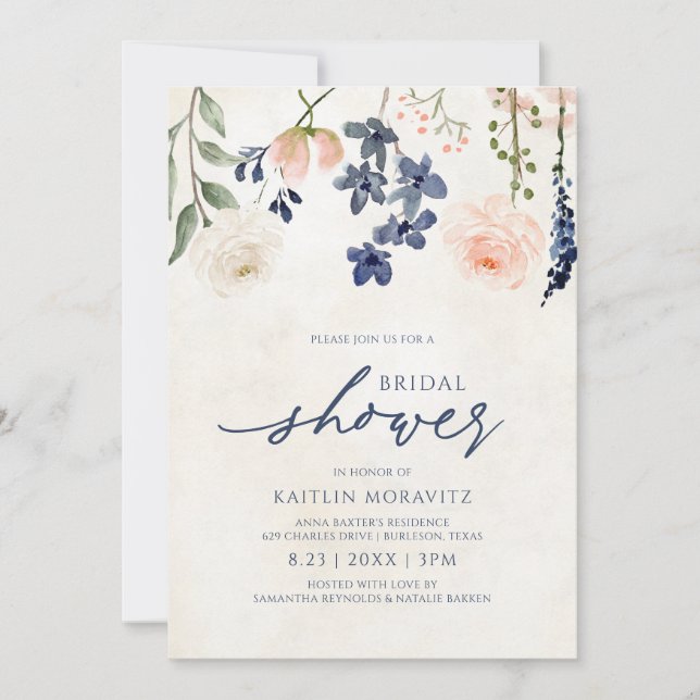 Peach & Blue Bridal Shower Botanical Vintage Invitation (Front)