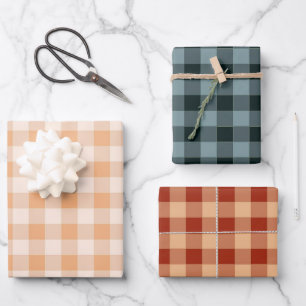 Peach Blue Brown Chequered Gingham Pattern Wrapping Paper Sheet