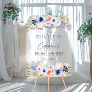 Peach-Blue Floral, Bridal Shower Transparent White Acrylic Sign