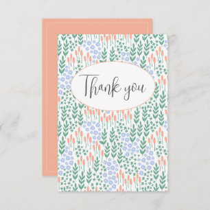 Peach Blue Floral Flat Thank You Card