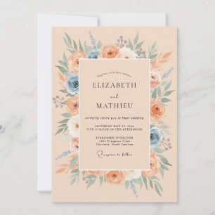 Peach Blue Floral Flourish Wedding Invitation