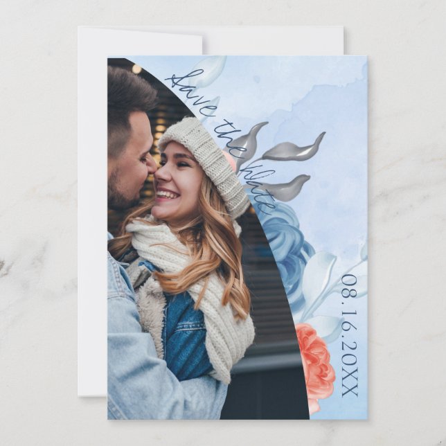  Peach Blue Floral Photo Wedding Save The Date (Front)