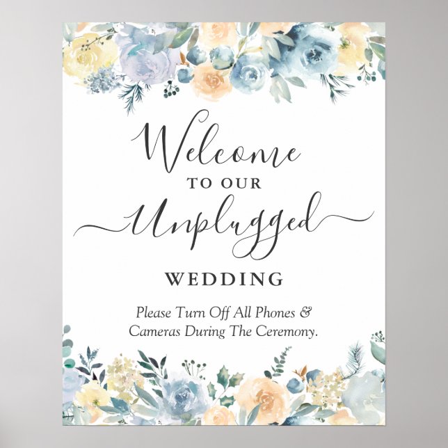 Peach Blue Floral Unplugged Wedding Sign (Front)