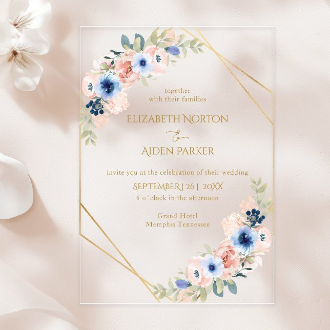 Peach, Blue, Floral Wedding Collection Acrylic Invitations (Peach, Blue, Floral Wedding Collection Acrylic Invitations)
