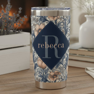 Peach Blue Floral William Morris Elegant Monogram Insulated Tumbler