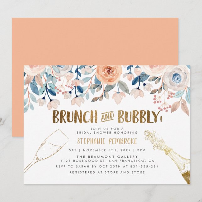 Peach & Blue Flowers Golden Bridal Brunch & Bubbly Invitation (Front/Back)