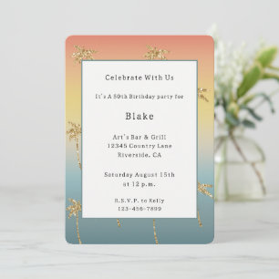 Peach Blue Gold Glitter Palm Trees Birthday   Invitation