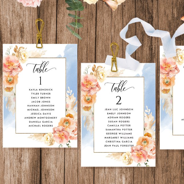 Peach, Blue Seating Plan Cards with Guest Names (Creator Uploaded)