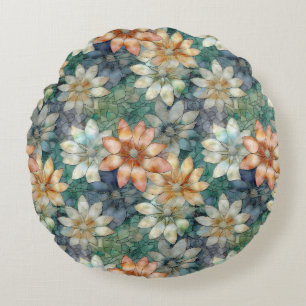 Peach Blue White Green Floral Round Cushion