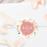 Peach Blush and Coral Wedding Envelope / Favour Classic Round Sticker<br><div class="desc">Elegant monogrammed wedding envelope seal or favour sticker with gorgeous watercolor floral detail in a beautiful blend of peach, orange, blush pink, coral, cream and champagne hues. Centre in coral with initials and second text line in white. Two size options and several shape options to choose from. Bottom text line...</div>