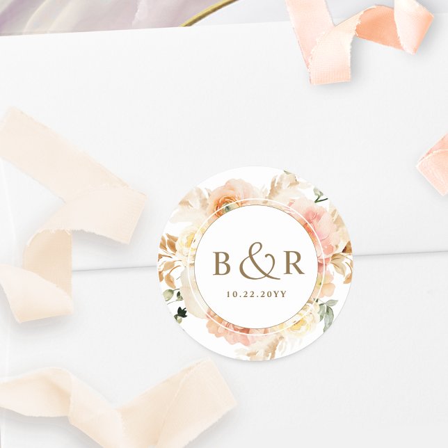 Peach, Blush and Gold Wedding Envelope / Favour Classic Round Sticker (Creator Uploaded)