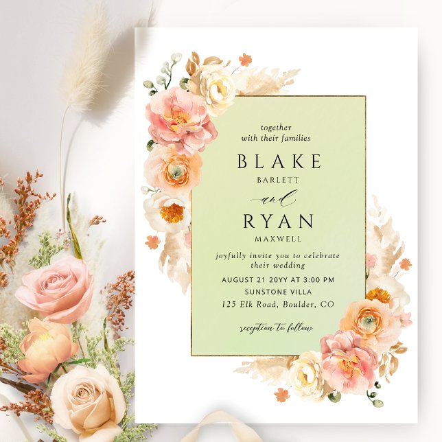 Peach, Blush Cream and Green Floral Chic Wedding I Invitation (Creator Uploaded)
