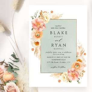 Peach, Blush Cream and Sage Floral Chic Wedding Invitation
