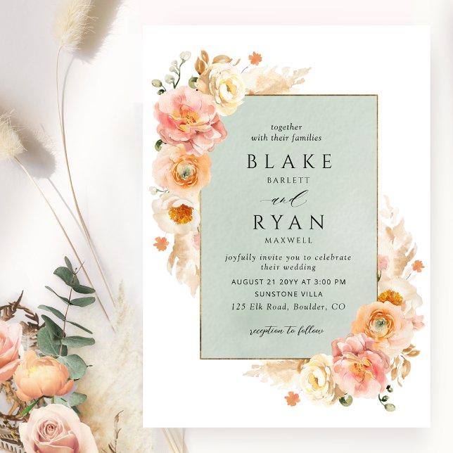 Peach, Blush Cream and Sage Floral Chic Wedding Invitation (Creator Uploaded)