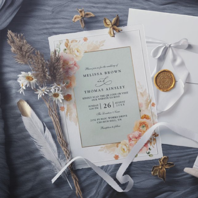 Peach, Blush Cream and Sage Floral QR Code Wedding Invitation (Creator Uploaded)