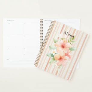 Peach Blush Cream Stripes Tropical Hibiscus Floral Planner