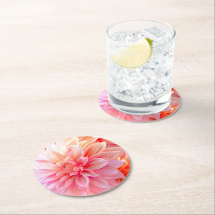 Peach Blush Dahlia Blossom Round Paper Coaster