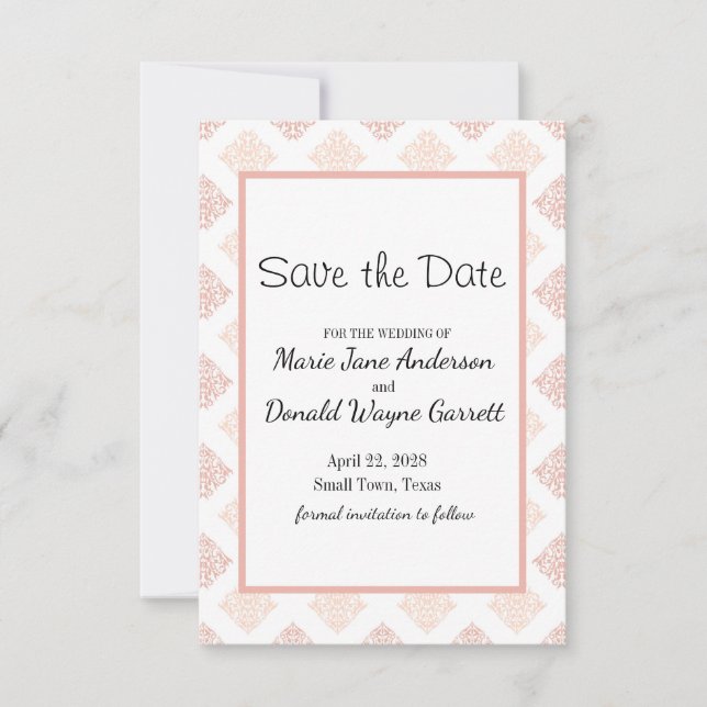 Peach Blush Damask Save The Date (Front)