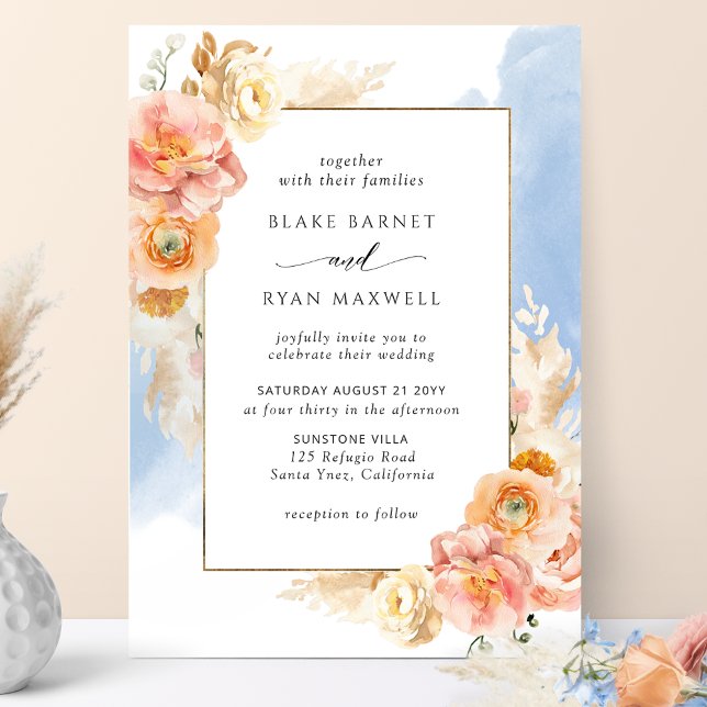 Peach Blush Floral, Blue Watercolor Chic Wedding Invitation (Creator Uploaded)