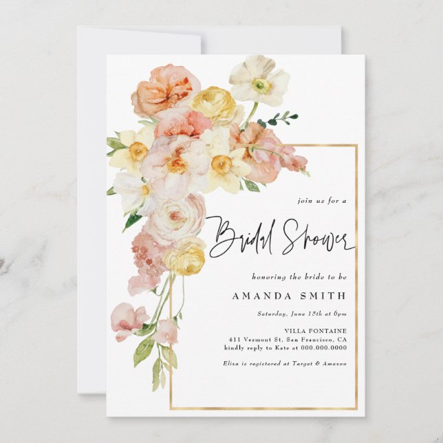 Peach Blush Floral Frame Romantic Bridal Shower Invitation (Front)