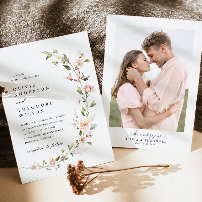 Peach Blush Floral Photo Back Wedding Invitation (Peach Blush Floral Photo Wedding Invitation, Garden Watercolor Wedding Stationery, Photo Back Invite)
