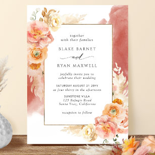 Peach Blush Floral, Rust Watercolor Chic Wedding Invitation