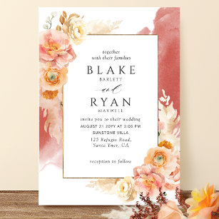 Peach Blush Floral, Rust Watercolor Wedding Invitation
