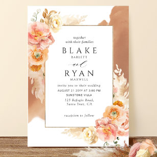Peach Blush Floral, Terracotta Watercolor Wedding Invitation