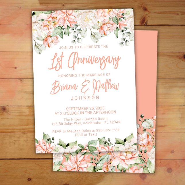 Peach Blush Ivory Floral 1st Wedding Anniversary  Invitation (Creator Uploaded)