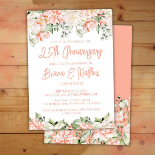 Peach Blush Ivory Floral 25th Wedding Anniversary  Invitation