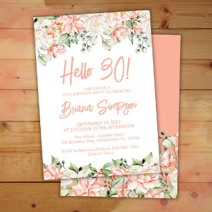 Peach Blush Ivory Floral 30th Birthday Party Invitation