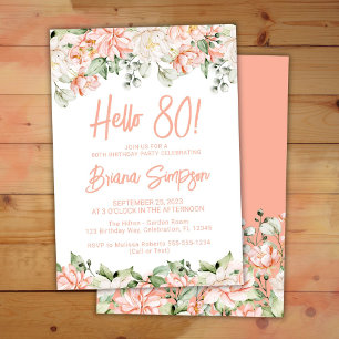 Peach Blush Ivory Floral 80th Birthday Party Invitation