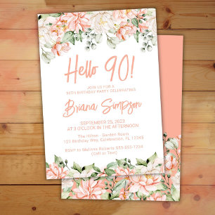 Peach Blush Ivory Floral 90th Birthday Party Invitation