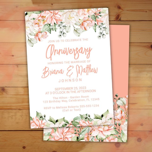 Peach Blush Ivory Floral Wedding Anniversary  Invitation (Creator Uploaded)