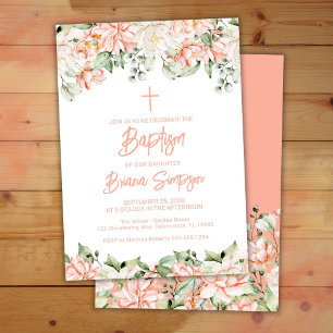 Peach Blush Ivory Flowers Floral Baptism Invitation