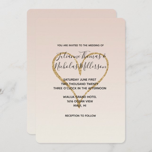 Peach Blush Ombre Gold Glitzy Heart Invitation (Front/Back)