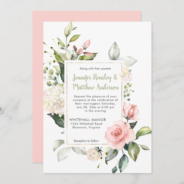 Peach Blush Pink and White Roses Frame Wedding Invitation (Front/Back)