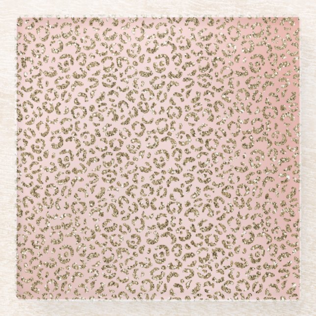 Peach Blush Pink Glitter Gold Leopard Print   Glass Coaster (Front)