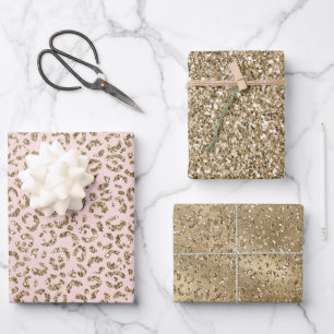 Peach Blush Pink Glitter Gold Leopard Print        Wrapping Paper Sheet