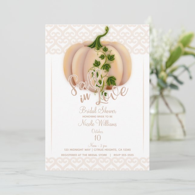 Peach Blush Pumpkin FALL IN LOVE Bridal Shower Invitation (Standing Front)