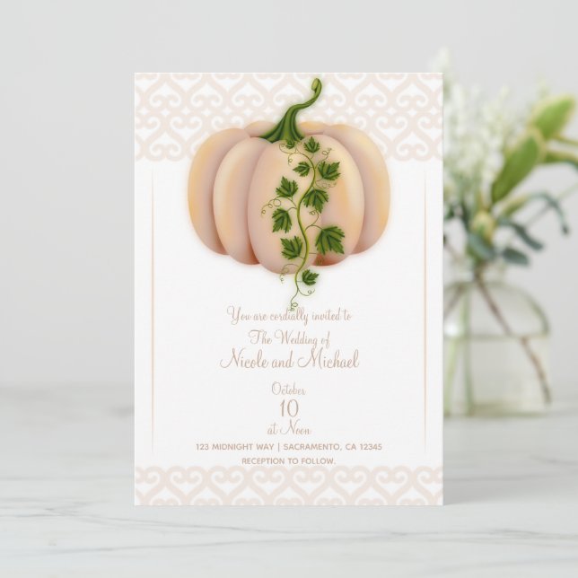 Peach Blush Pumpkin Storybook Fall Wedding Invitation (Standing Front)