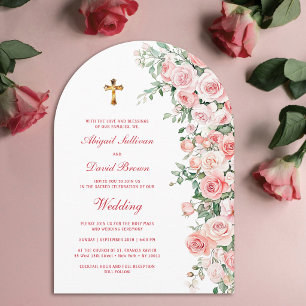 Peach Blush Roses Arch Religious Wedding Invitation
