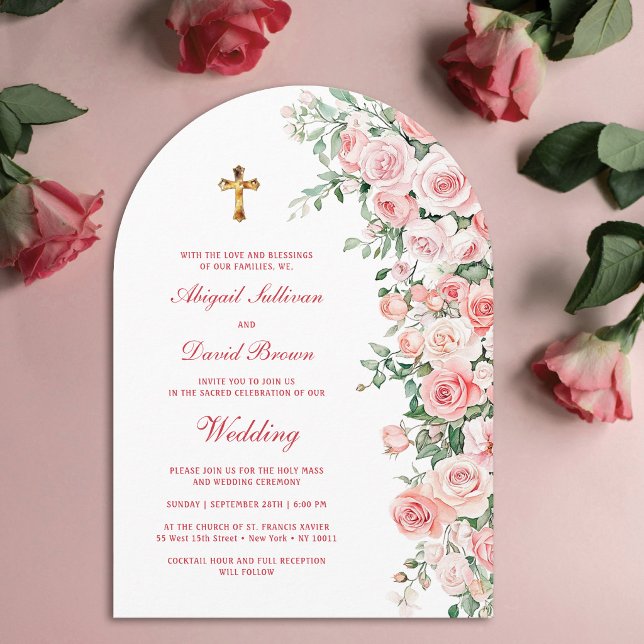 Peach Blush Roses Arch Religious Wedding Invitation (Creator Uploaded)