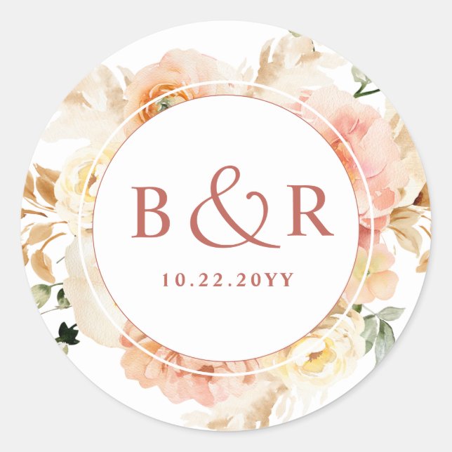 Peach Blush, Rust Orange Wedding Envelope / Favour Classic Round Sticker (Front)
